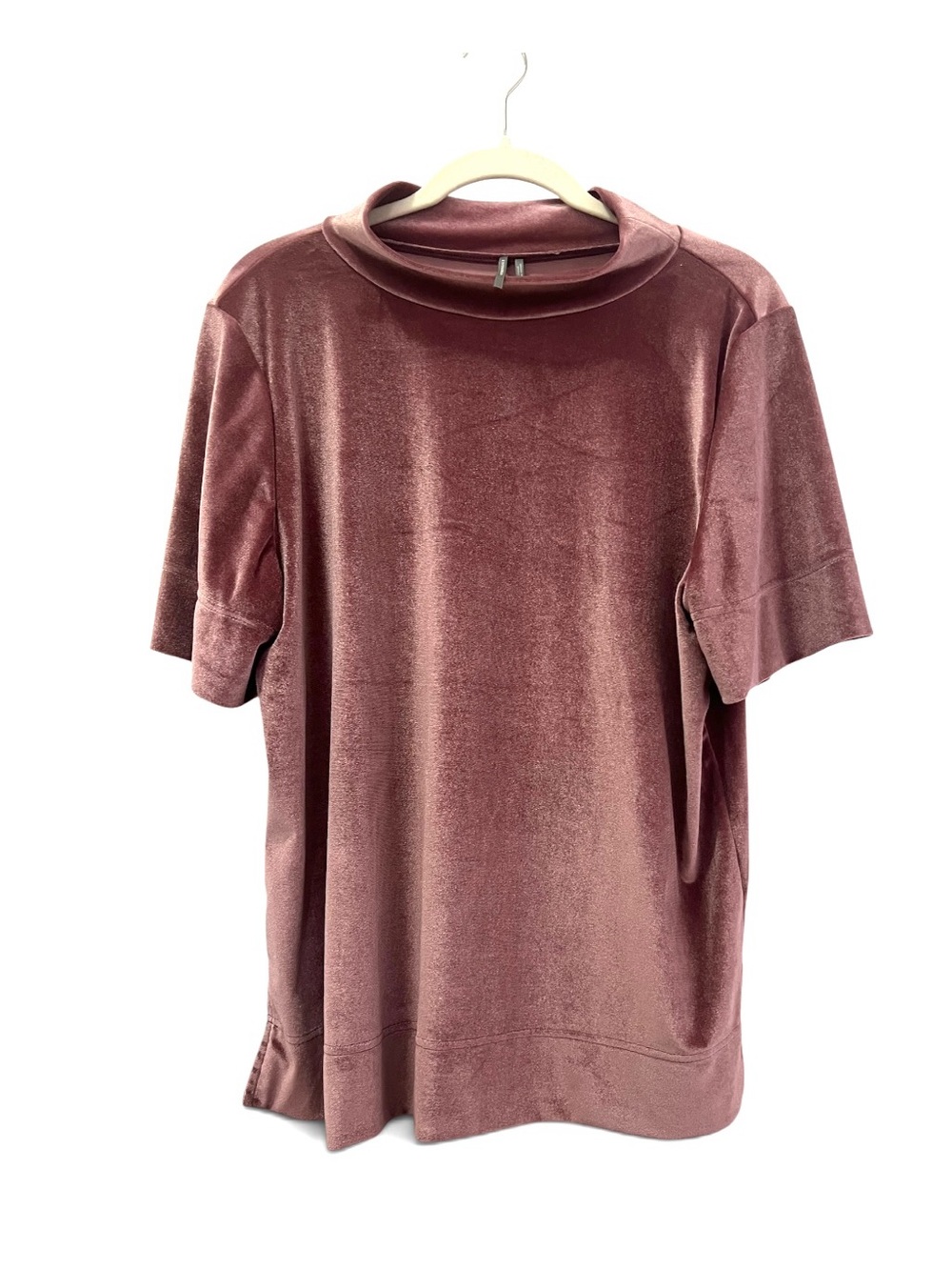 Anthropologie Krisha Velour Velvet Mock-Neck Short Sleeve Top - Dusty Rose XL